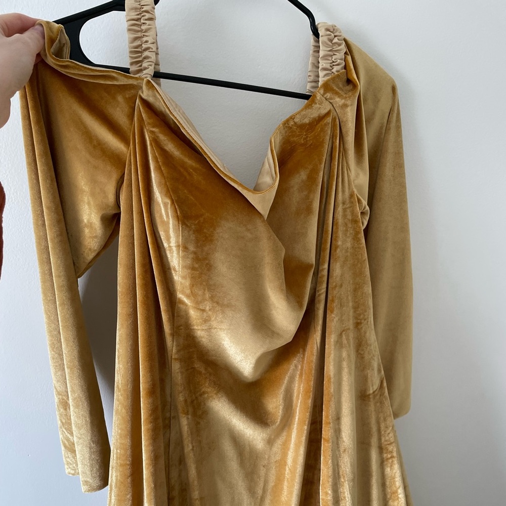 NWT Formal Dress oyisha special occasion maxi velvet mustard dress off shoulder - Picture 9 of 16